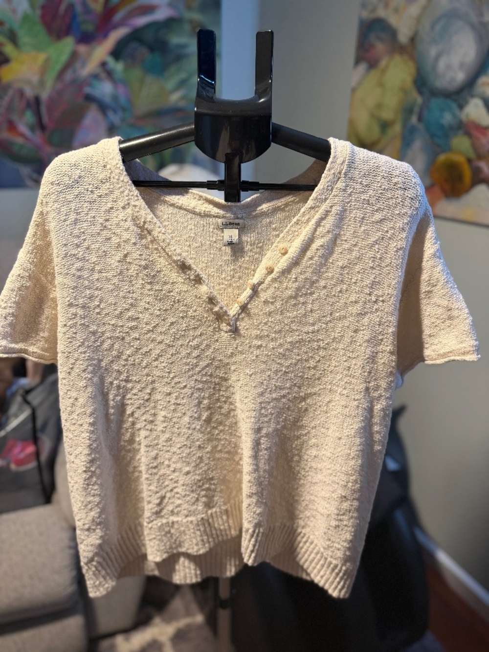 LL Bean Cotton Short Sleeve Sweater Cream XL